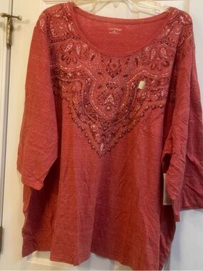 Catherines Coral Embellished Scoop Neck Long Sleeve Top.  (107)